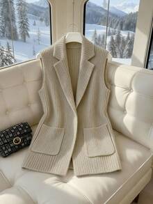 GlowEve 女士优雅休闲V领口袋针织开衫背心 - 灰色 - 查看 3