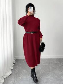 SHEIN Tall CURVE Plus Size Casual Turtleneck Raglan Sleeve Sweater Dress - Red - View 2
