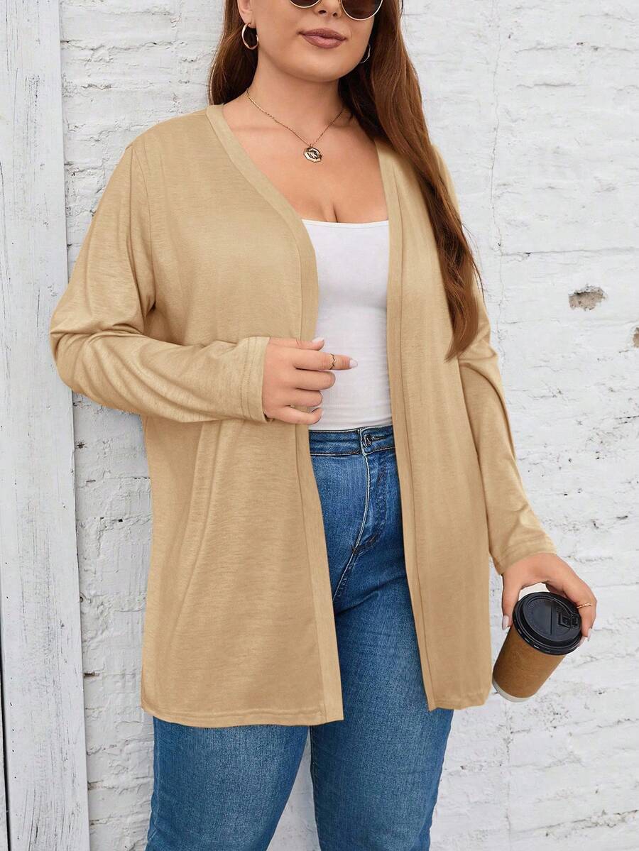 SHEIN LUNE Jaket Kasual Longgar Wanita Ukuran Besar Warna Polos Lengan Panjang Bukaan Depan/Musim Dingin - Khaki - View 1