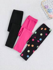 Young Girl 3pcs/Set Floral Print+Black+Pink Pants,Matching Sister Set,Autumn/Winter Base Layer Bottom,Brown Polka,Summer,Back-To-School Casual Pants - Multicolor - View 8