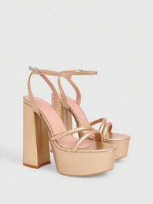 CUCCOO LuxiPop Zapatos de plataforma con puntera redonda, tacón alto grueso y resistentes al agua para mujer, de material PU dorado, de estilo minimalista y cómodos para uso diario, fiestas y banquetes, con correa con hebilla - Dorado - Ver 3