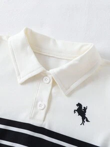 SHEIN 2 件套幼儿男童长袖 Polo 衫和裤子套装，时尚休闲装，面料柔软舒适，条纹和印花设计，适合外出和聚会 - 彩色 - 查看 6