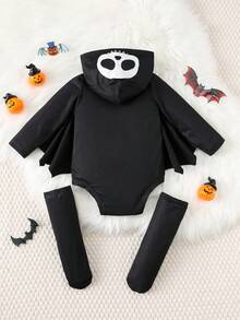 2 Stück/Set Baby Jungen süßes Skelett & Fledermaus Design Kapuzen-Bodysuit und Stulpen Set, bequem vielseitig modisch lässiger Outfit, geeignet für Halloween, Innen, Außen, Alltag, Sport, Spiel, Party, Fotografie, Herbst/Winter Totenkopf Baby Kleidung Halloween Baby Jungen Outfit Gruselig Baby Kleidung Baby Skelett Kostüm - Schwarz - Übersicht 2