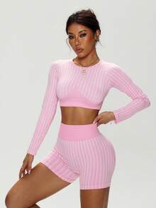 Dewbera Damen gestreifter Twist-Rücken Crop Top und Shorts Sportanzug