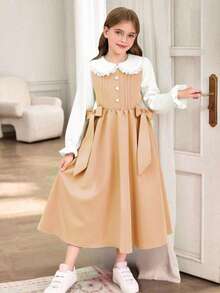 SHEIN Elladie kids 复古学院风卡其色蝴蝶结装饰休闲长裙，白色蕾丝边彼得潘领长袖连衣裙，适合返校季，甜美可爱，优雅百搭，适合日常穿着、旅行、拍照、派对等场合。 - 卡其色 - 查看 8