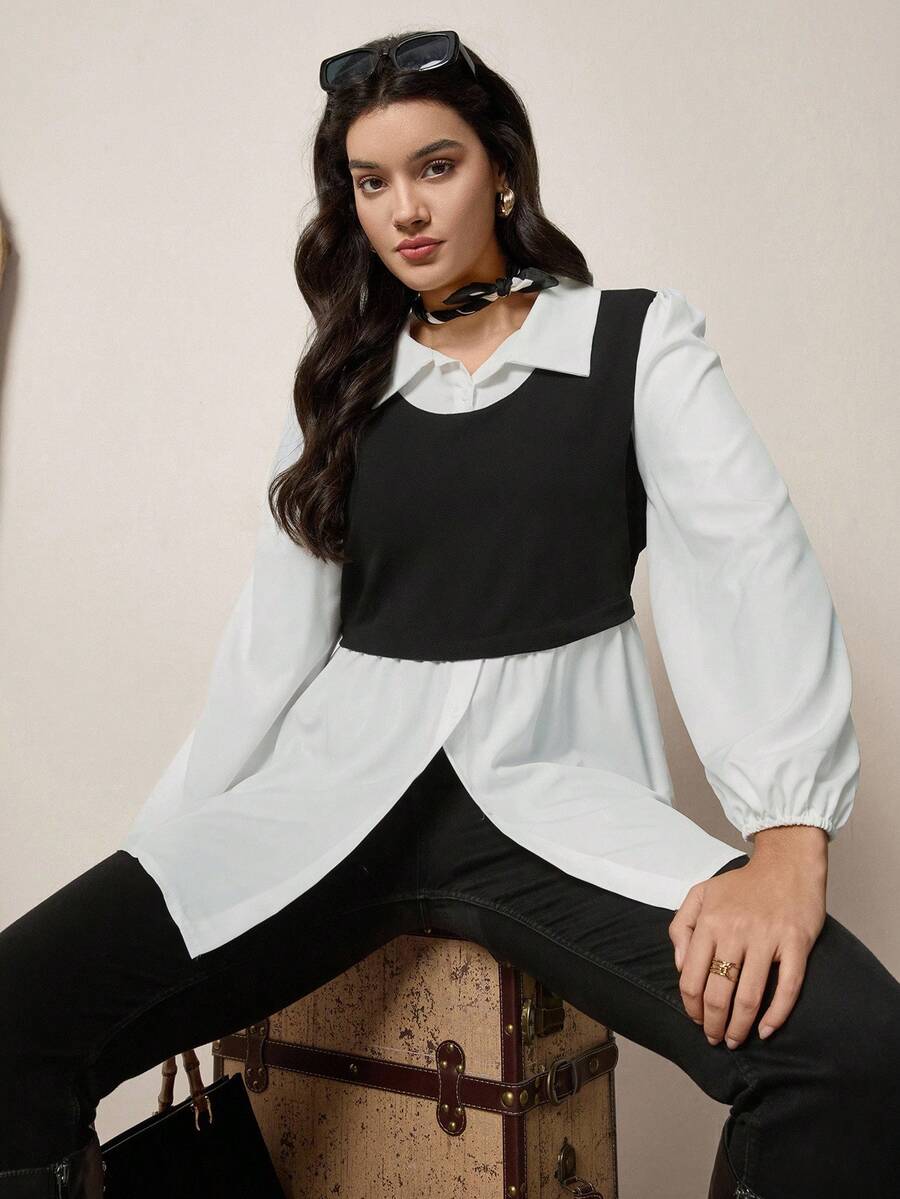 SHEIN LUNE Women Plus Size Color Block Long Sleeve Casual Top, Autumn Holiday Outfit - Black and White - View 1