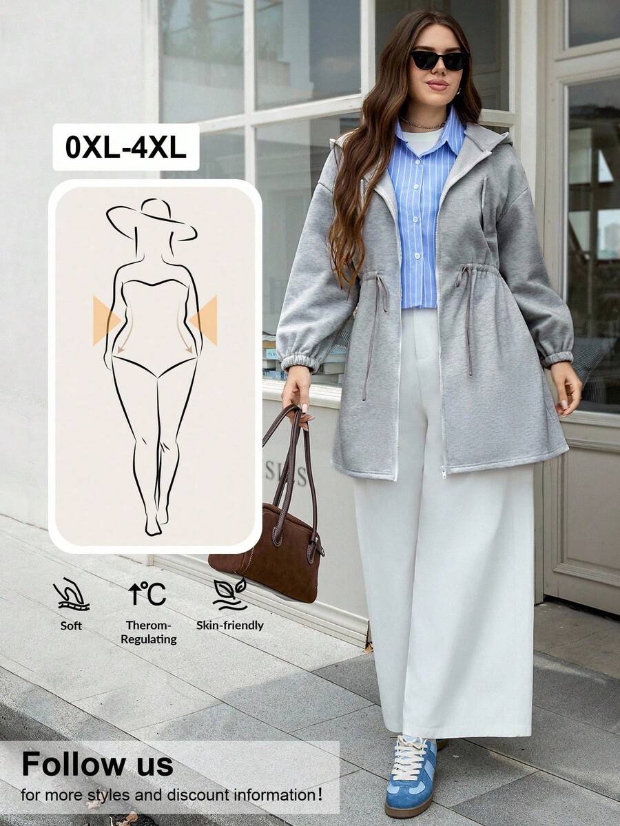 SHEIN LUNE Plus Size Solid Color Drawstring Waist Hooded Jacket, Autumn/Winter Office Outfits For Women Coat Women's Zipper Sweatshirt Jacket, Thermal Lined Warm Jacket - Grey - View 1