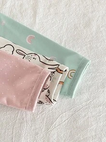 3件套新生儿简约时尚杏色、粉色、蓝色彩虹、兔子、猫咪动物图案舒适长袖长睡袍家居服套装 - 彩色 - 查看 8