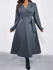 EMERY ROSE 大码女式纯色西装外套领子+束腰蝴蝶结复古优雅通勤派对日常秋冬连衣裙 - 灰色 - 查看 6