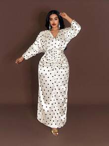 Maweii 加大码长袖波点法式长款修身优雅连衣裙 - 杏色 - 查看 5