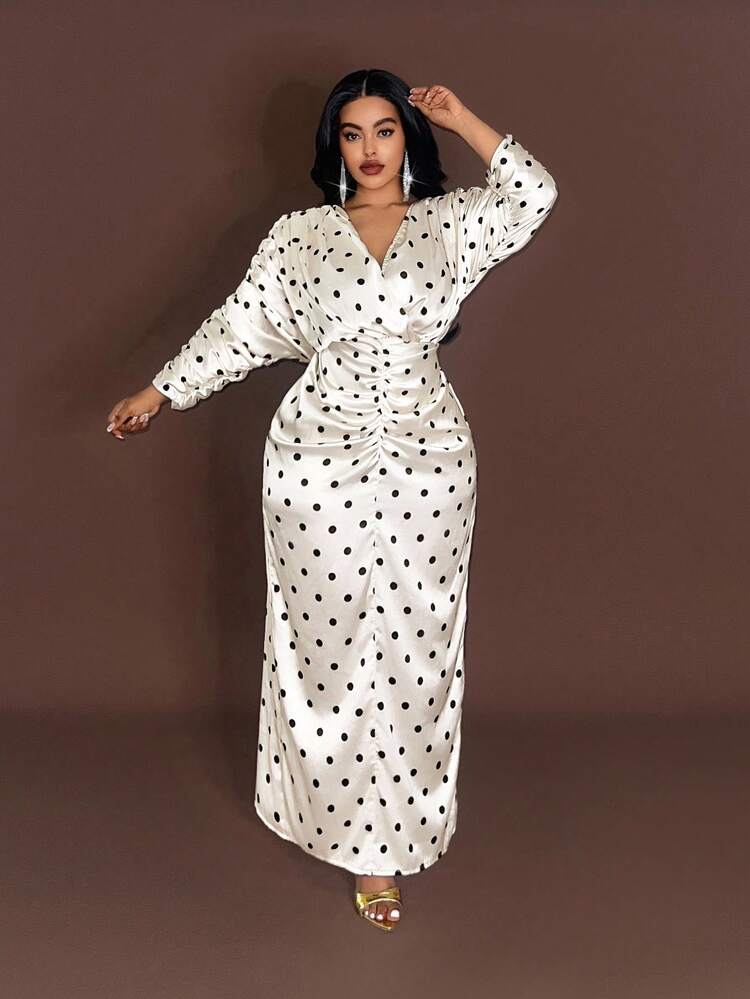 Maweii Plus Size Long Sleeve Polka Dot French Style Long Fitted Slimming Elegant Dress - Apricot - View 5