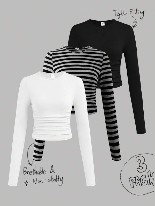 SHEIN Girlism 3pcs/Set Tween Girls' Fitted Casual Solid Color Round Neck Ruched Long Sleeve T-Shirts Winter Robe Hiver Pullover Fall Tops Festival, Halloween, Christmas, New Year, Christmas Gift Great For Casual & Daily Wear & School Daily In Autumn & Winter Halloween Cozy Fall & Winter Styles Autumn Outfits For , Easy Comfort Tops Suitable For Autumn/Winter Daily Wear,Street Style, Home 3 Pack Tops Tight Tops For Teens