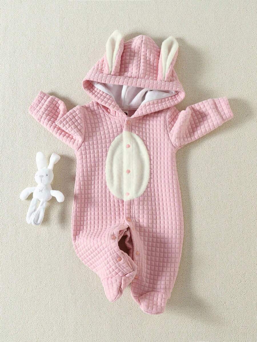 1件女婴粉色3D兔耳设计可爱毛绒睡衣，适合秋冬季穿着 - 淺粉色 - 查看 1