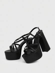 CUCCOO LuxiPop Women's Black High Heel Platform Roman Strap Tie-Up Sandals, Casual, Holiday, Party, Retro, Elegant - Black - View 2