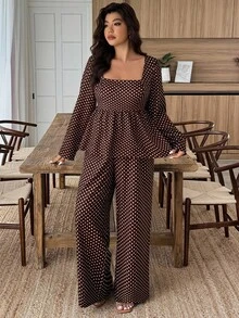 EMERY ROSE Plus Size Polka Dot Square Collar 2 Pieces Set - Multicolor - View 3