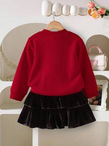 Elladie kids 2 件套女童蝴蝶装饰圆领长袖开衫外套和裙子，时尚百搭，秋冬 - 紅色 - 查看 2