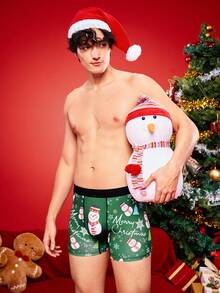 Notgurli Cuecas boxer de comprimento médio para homens com estampa engraçada de Papai Noel, caixa de presente, bengala de doce, sinos, flocos de neve, boneco de neve e família em festa de Natal - Verde - Visão 7