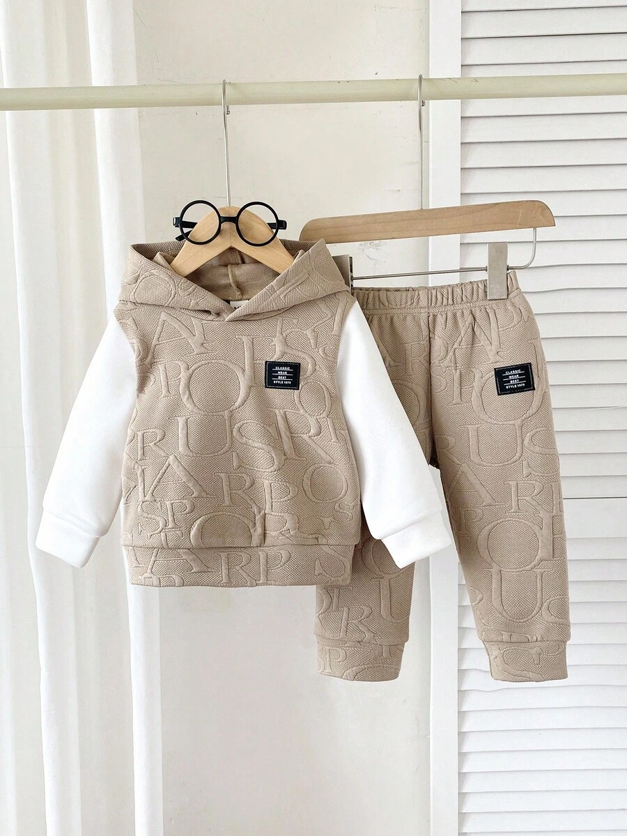 SHEIN Playful Pals 2pcs/Set Toddler Boys' Casual Jacquard Hoodie T-Shirt And Elastic Waist Pants Set, Suitable For Commuting, School, Leisure, Vacation, Sports, Autumn/Winter, 6M-3T, Children's Clothing, Infant Clothing, Infant T-Shirt, Infant Pants Fall Baby Set Autumn Winter Season Baby Boy Beige Outfit Baby Casual Sets Baby Boy Hoodie Set - Khaki - View 1
