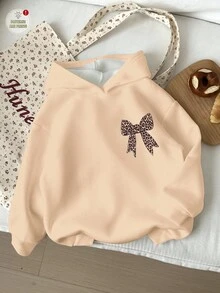 休闲复古豹纹蝴蝶结设计宽松圆领舒适针织长袖卫衣，适合年轻女孩，卡其色，适合秋冬季节穿着。可爱女童卫衣，蝴蝶结卫衣，蝴蝶结女童服装，猎豹纹卫衣 - 彩色 - 查看 2