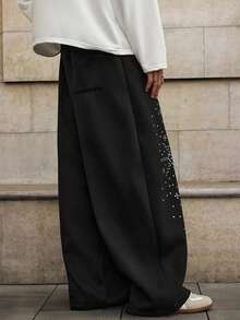 Manfinity Unisex Men's Casual Sweatpants With Rhinestone Decor, Elastic Waist, Suitable For Spring, Autumn And Winter - Black - View 6