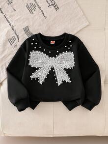 Elladie kids 两件套女童纯色串珠亮片蝴蝶结卫衣和喇叭裤套装，可爱甜美，适合秋季户外、休闲和假日穿着 - 黑色 - 查看 5