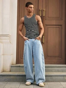 SWAVVY 男士休闲百搭日常条纹圆领背心，夏季 - 白色 - 查看 5