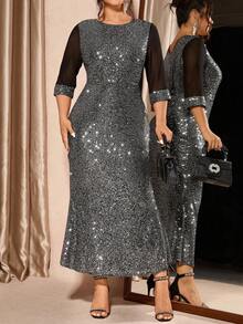Cravure Christmas Plus Size Women Crew Neck Mesh Patchwork Sequin Bodycon Dress - Silver - View 5