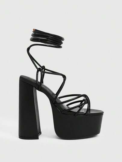 CUCCOO LuxiPop 女式黑色高跟厚底系带罗马凉鞋，适合派对、复古、魅力、夜店、休闲