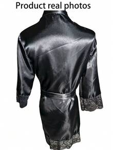 SHEIN 缎面女式蕾丝花边浴袍、新娘浴袍伴娘礼物、蕾丝睡衣系带休闲浴袍、夏季浴袍、开学季浴袍 - 黑色 - 查看 8