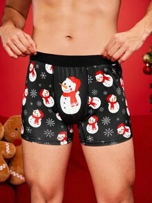 Notgurli Christmas Funny Print Cartoon Quirky Santa Claus, Gift Box, Candy Cane, Bell, Snowflake, Snowman, Family Party Men's Mid-Length Boxer Briefs - Black - View 3