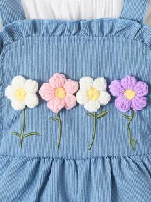 3 件套女婴甜美风格白蓝圆领长袖上衣、围兜裤、配套帽子套装，适合外出、休闲装、儿童派对 - 藍色 - 查看 7