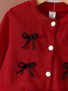 Elladie kids 2 件套女童蝴蝶装饰圆领长袖开衫外套和裙子，时尚百搭，秋冬 - 紅色 - 查看 7