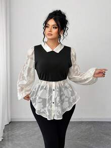 Elenzga 大码女式雪纺镂空经典黑白撞色二合一法式复古泡泡袖衬衫 - 彩色 - 查看 3