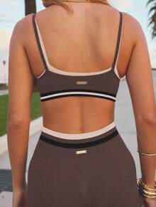 Aralina 女式撞色拼布吊带背心和短裤运动套装，女式运动套装 - 咖啡棕 - 查看 2