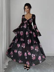 Elenzga 女士时尚优雅迷人玫瑰花卉印花甜心领扭纹前部不对称荷叶边下摆弹力网眼喇叭袖度假浪漫 A 字中长连衣裙秋季女装 - 彩色 - 查看 5