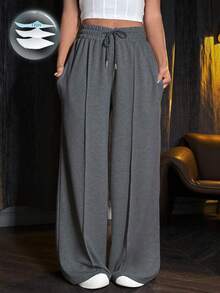 SHEIN Unity Drawstring Waist Wide Leg Sweatpants Graduation,Back To School Outfits,Graduation,Teacher Outfits For Women,Back To School Fall Cloth For Women - Dark Grey - View 1