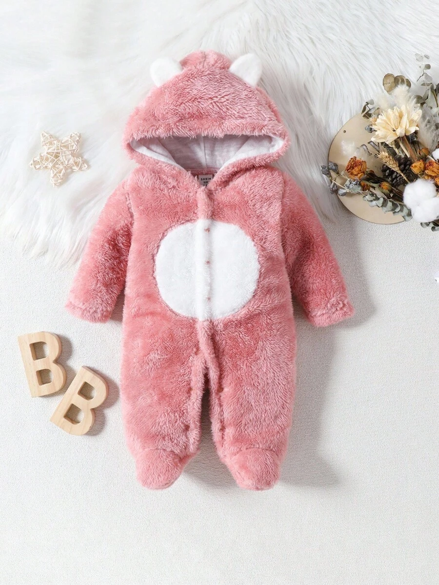 SHEIN Playful Pals 粉色双面毛绒摇粒绒3D熊尾女婴 - 粉色 - 查看 1