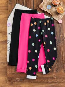 Young Girl 3pcs/Set Floral Print+Black+Pink Pants,Matching Sister Set,Autumn/Winter Base Layer Bottom,Brown Polka,Summer,Back-To-School Casual Pants - Multicolor - View 2