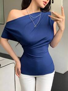 Celisse Women's Solid Color Pleated Asymmetric Collar Elegant Short Sleeve Blouse - Navy Blue - View 3