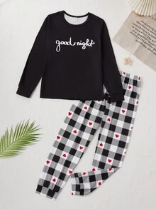 晚安图案和心形格子图案可爱休闲女孩睡衣套装、长袖上衣和裤子 - 黑與白 - 查看 1