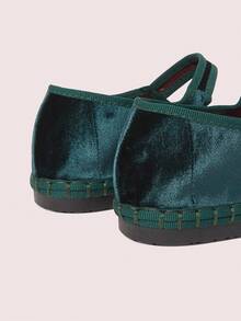 CUCCOO DOLLMOD 女士深绿色时尚优雅丝绒经典舒适玛丽珍平底鞋，春季鞋履 - 墨綠色 - 查看 7