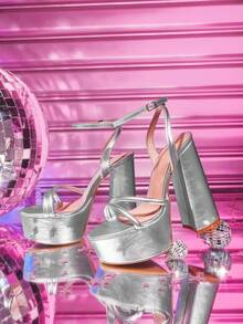 CUCCOO LuxiPop Giày sandal nữ đế cao, mũi tròn, chống thấm nước, chất liệu da PU màu bạc, kiểu dáng tối giản, thoải mái, thích hợp đi hàng ngày, dự tiệc, tiệc tùng, có khóa cài. - Bạc - Xem 2