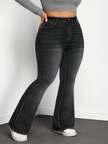 SHEIN CURVE+ Plus Size Casual Washed Slim Fit Flare Jeans - Black - View 3