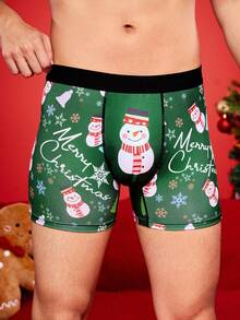 Notgurli Cuecas boxer de comprimento médio para homens com estampa engraçada de Papai Noel, caixa de presente, bengala de doce, sinos, flocos de neve, boneco de neve e família em festa de Natal - Verde - Visão 4