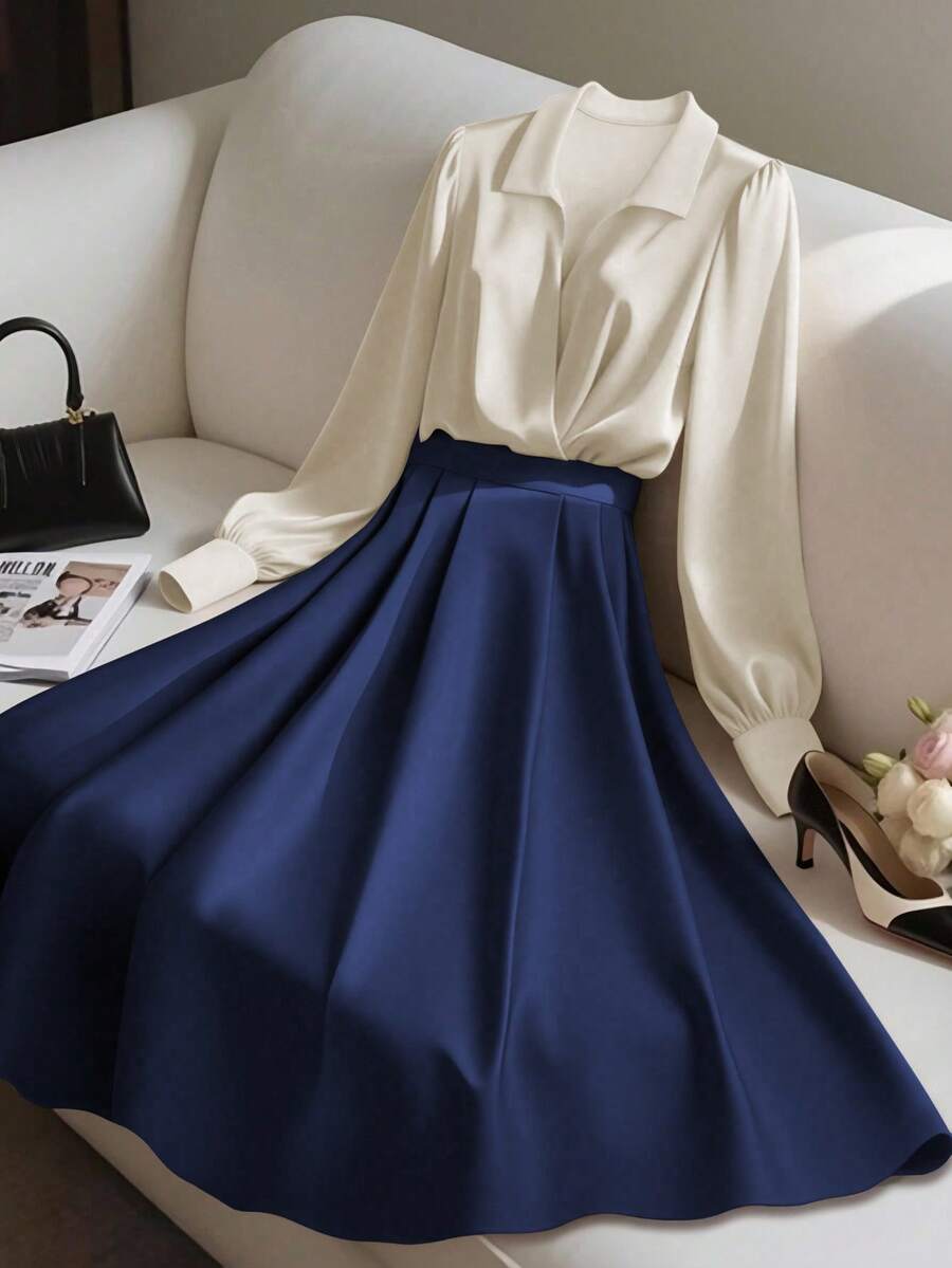 Franclia 2pcs Women Elegant Shiny Fabric Top And Pleated Midi Skirt Set, Suitable For Layering Or Standalone, Autumn/Winter - Multicolor - View 1