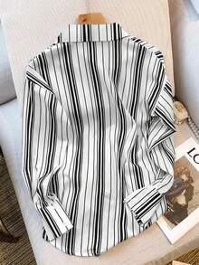 Franclia 女士休闲通勤条纹纽扣衬衫，秋季 - 黑與白 - 查看 2