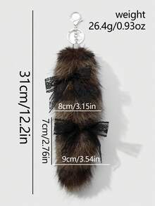 ROMWE Goth 1pc Y2K Retro Chic Cute Minimalist Sophisticated High-Quality Animal Print Series Brown Faux Fur Anime Fox Tail With Black Lace Bow, Star Decor DIY Keychain Bag Charm, Suitable For Cosplay, Daily Wear, Holiday Gift For Women