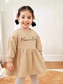 Cozy Pixies Robe à manches longues avec épaules tombantes, col rond, imprimé lettres et nœud, taille marquée, couleurs contrastées, pour bébé fille - Kaki - Voir 5