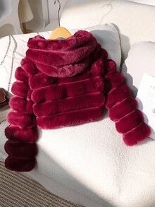 SHEIN 1 件女童柔软人造毛皮夹克，优雅长袖短款修身连帽外套，适合秋冬季