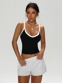 Dewbera 女式简约撞色饰边弹力短款运动背心，夏季 - 黑色 - 查看 7